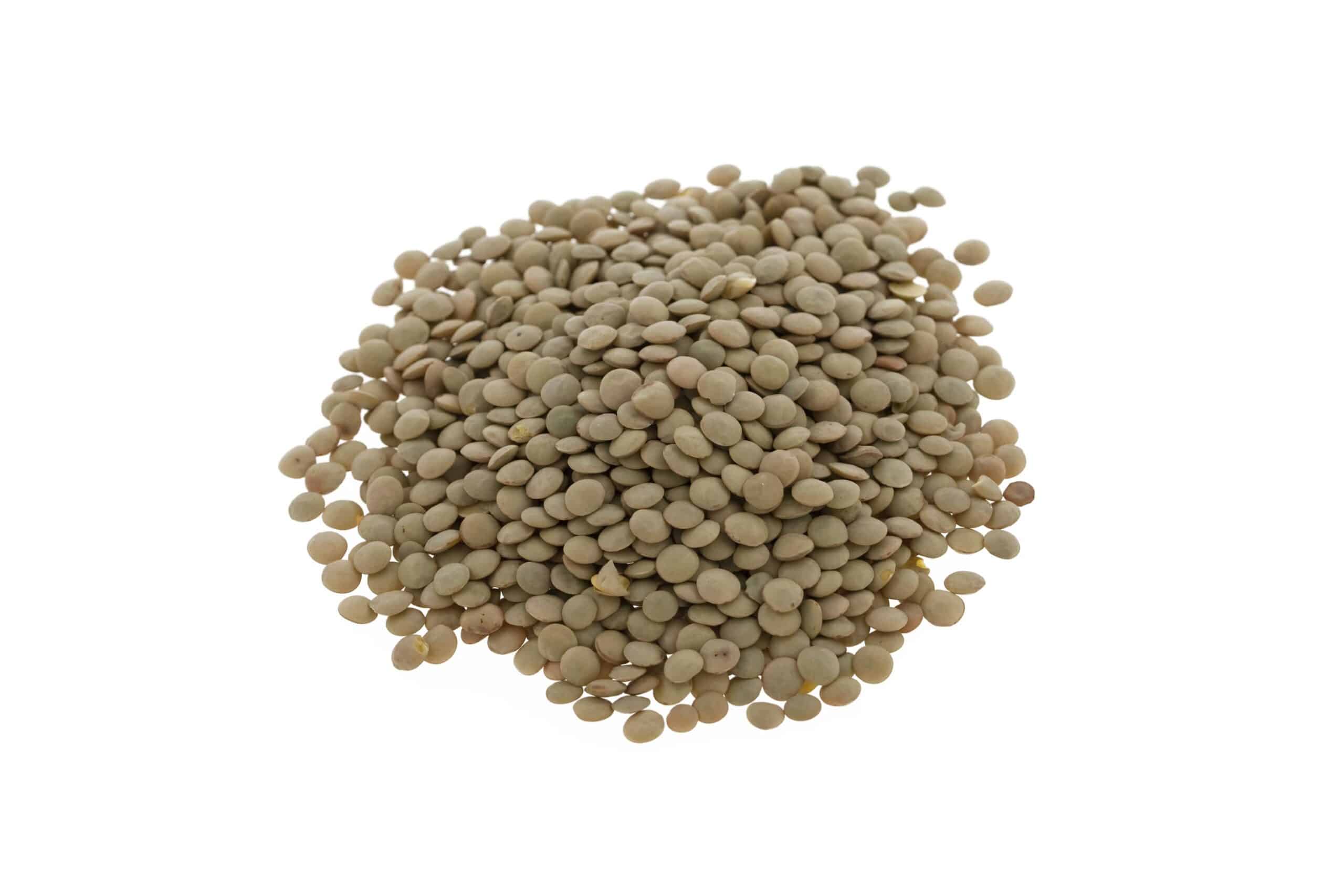 Pile of uncooked green lentils on a white background