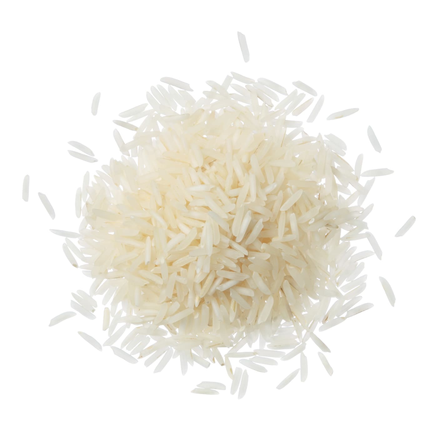 Pile of uncooked white rice grains on a white background with a slight shadowless appearance
