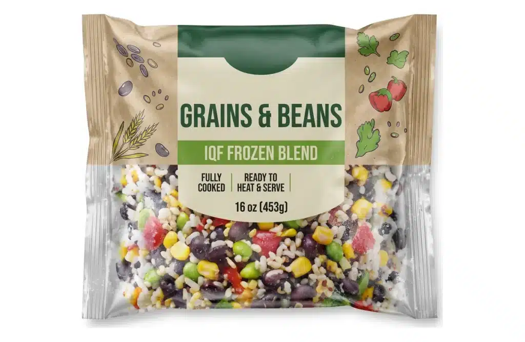 Private-label retail bag of fully cooked IQF grains and beans blend