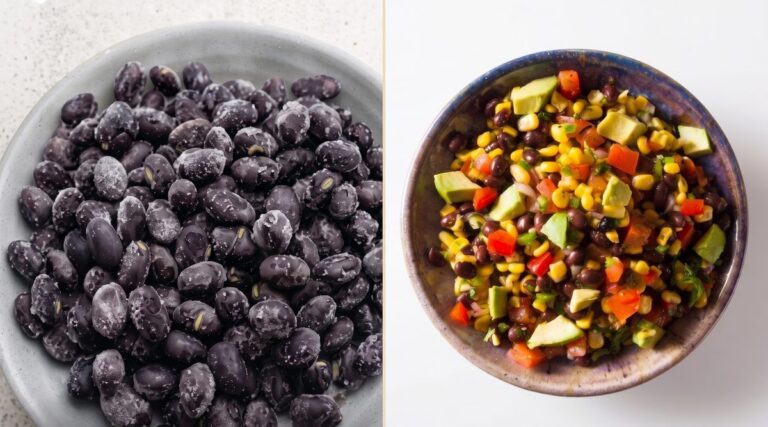 Frozen IQF black beans next to a black bean, corn and avocado salad