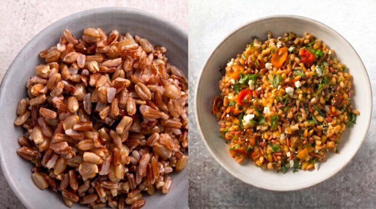 Frozen IQF red and golden farro grain blend next to a grain salad with roasted tomatoes and feta
