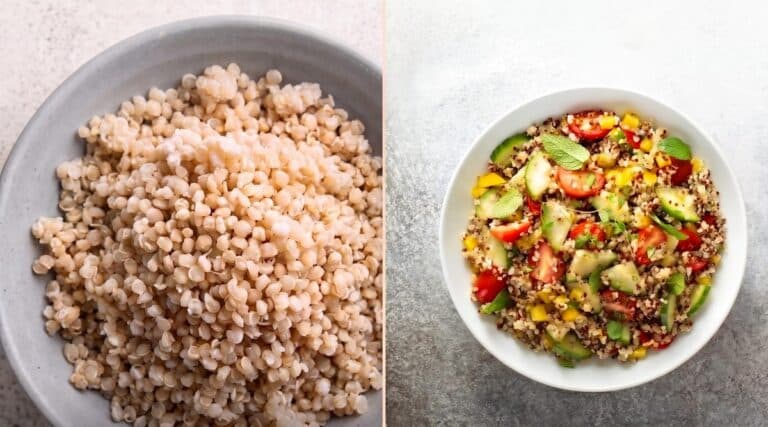 Frozen IQF quinoa next to a quinoa salad with cucumber and tomato