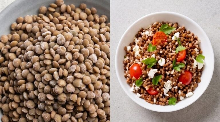 Frozen IQF green lentils next to a lentil salad with tomato and feta