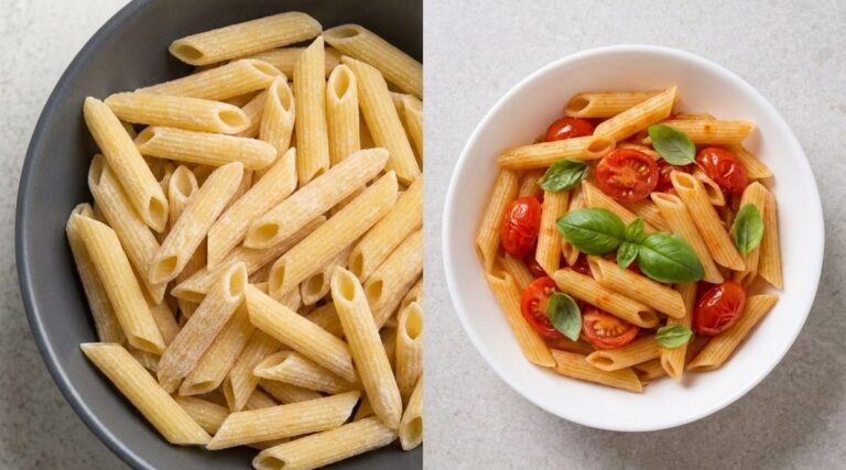 Frozen IQF penne next to penne with cherry tomato sauce and basil