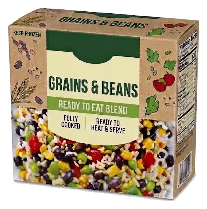 Private-label retail box of fully cooked IQF grains and beans blend