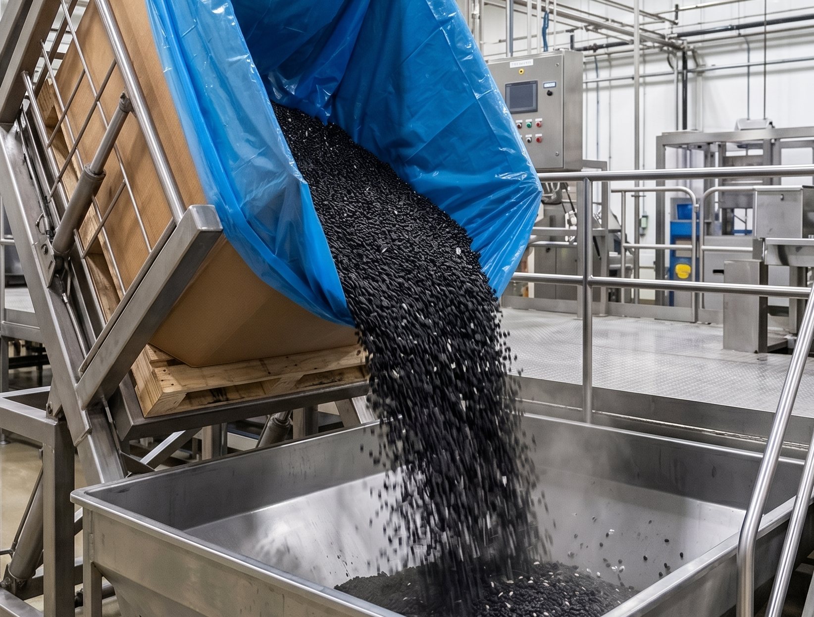 Bulk tote of IQF black beans tipping into a production hopper