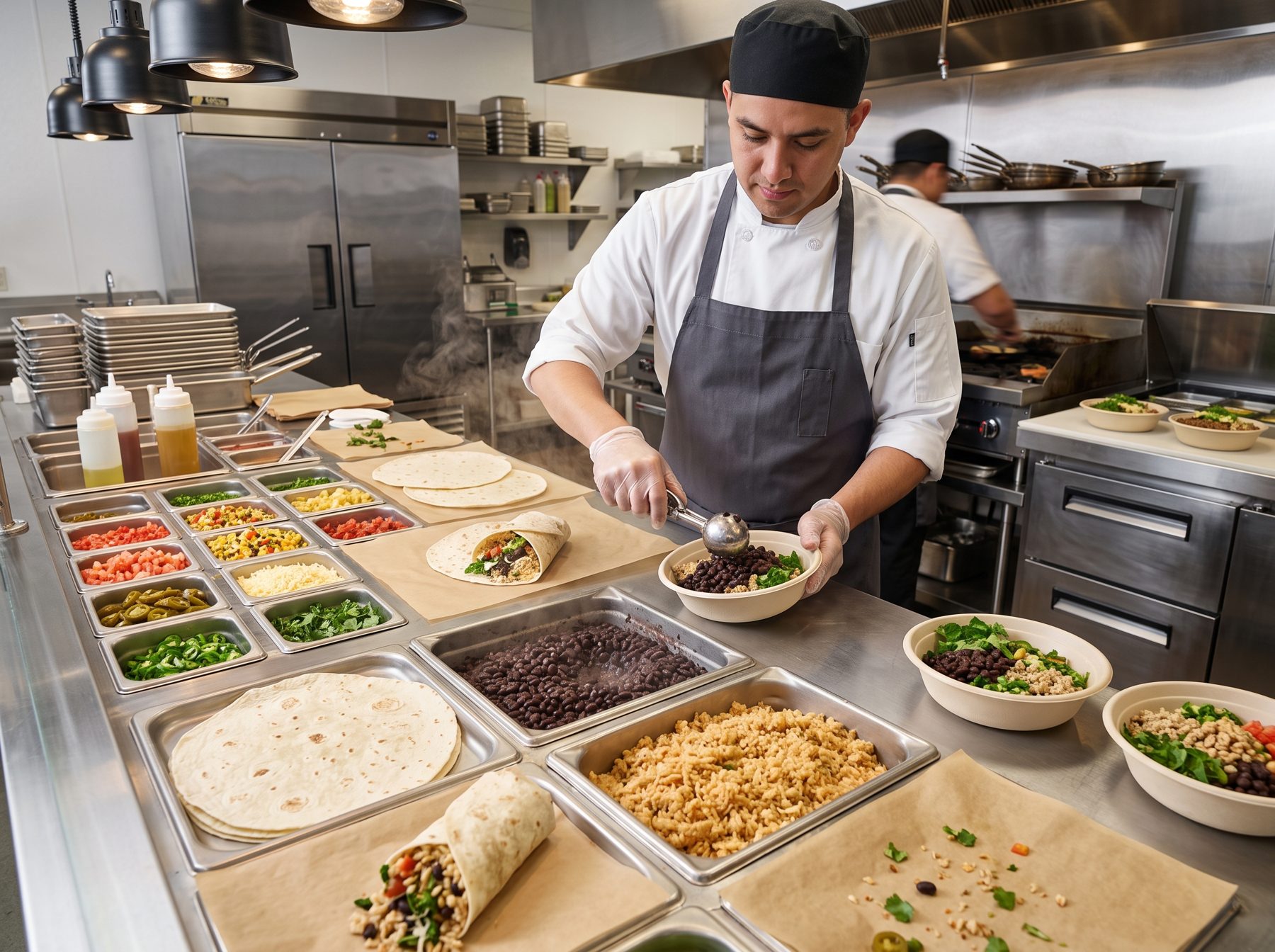 Chef building bowls and burritos with IQF black beans and rice on a foodservice make line